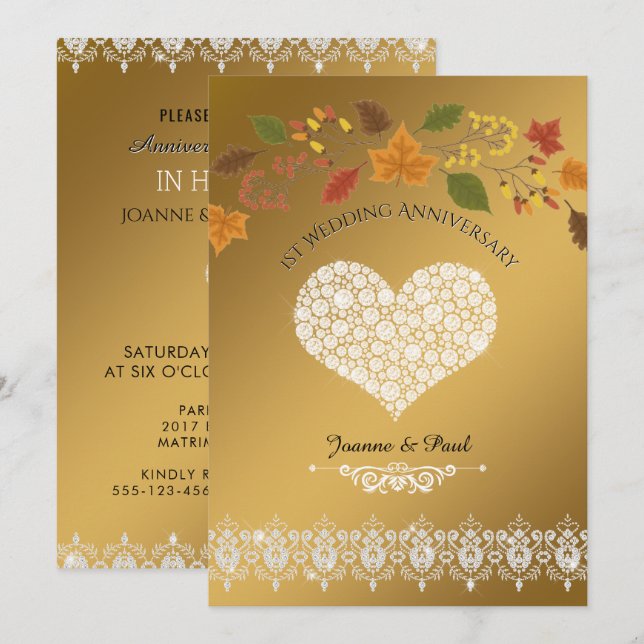 Invitation Fête du 1er anniversaire de mariage Feuilles d'aut (Devant / Derrière)