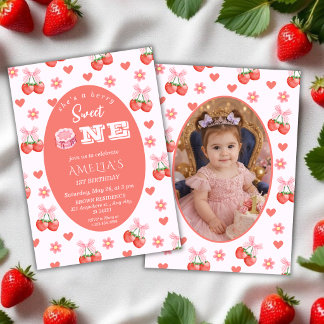 Invitation Fête du 1er anniversaire Fleurs de fraise et de ce