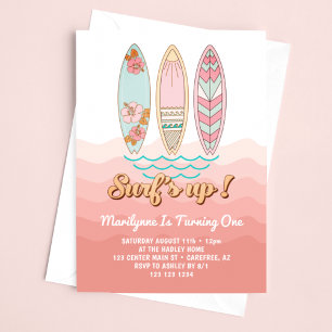 Invitation Fête du 1er anniversaire Pink Vintage Surfs Up
