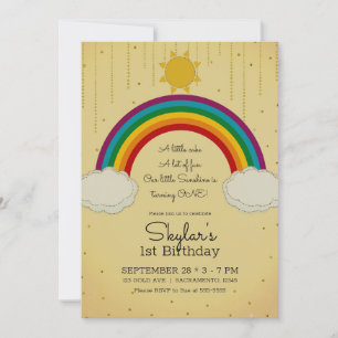 Invitation Fête du 1er Anniversaire Soleil Arc-en-ciel Or Jau