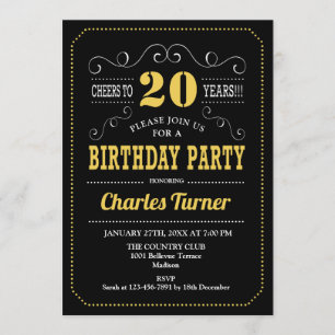 Invitation Fête du 20e anniversaire - Black Gold White