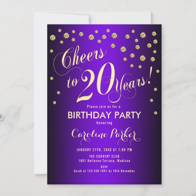 Invitation Fête du 20e anniversaire - Gold Purple (Devant)