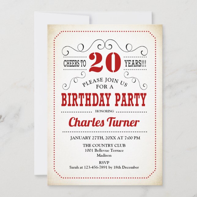 Invitation Fête du 20e anniversaire - Retro Crémeux Blanc et  (Devant)