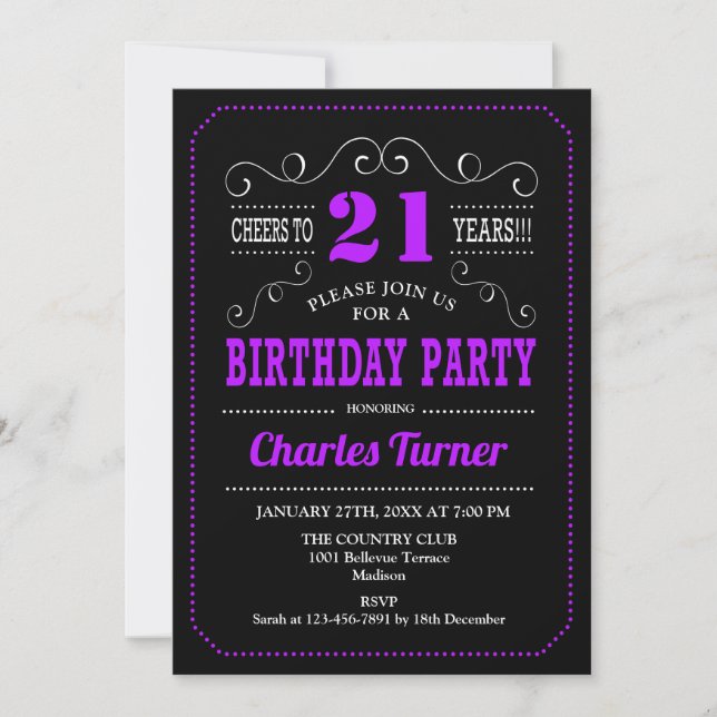 Invitation Fête du 21e anniversaire - Black Purple (Devant)