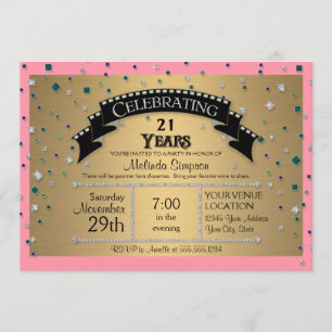 Invitation Fête du 21e anniversaire Faux Jewel Confetti
