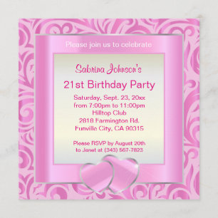Invitation fête du 21e anniversaire  Verr rose, argent et bla