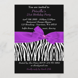 Invitation Fête du 21e anniversaire, Zèbre, noir violet blanc