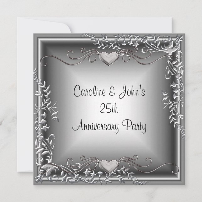 Invitation Fête du 25e Anniversaire Cœurs Floraux Noir Argent (Devant)