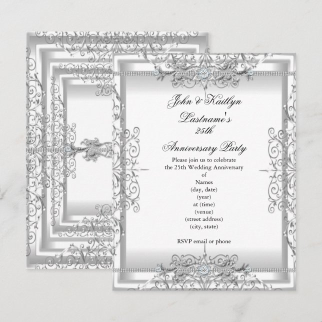Invitation Fête du 25e anniversaire Damask Argent blanc (Devant / Derrière)