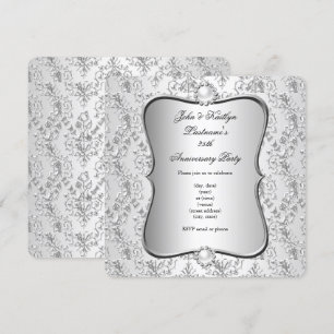 Invitation Fête du 25e Anniversaire Damassé Argent Blanc