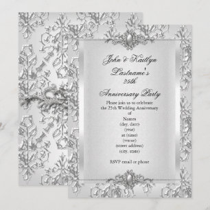 Invitation Fête du 25e Anniversaire Damassé Argenté Blanc Pet