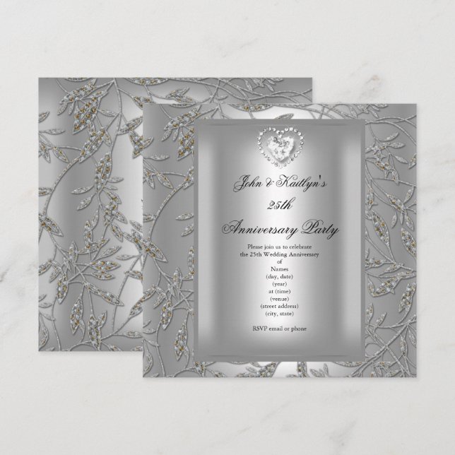 Invitation Fête du 25e Anniversaire Damassé Gris Argenté (Devant / Derrière)