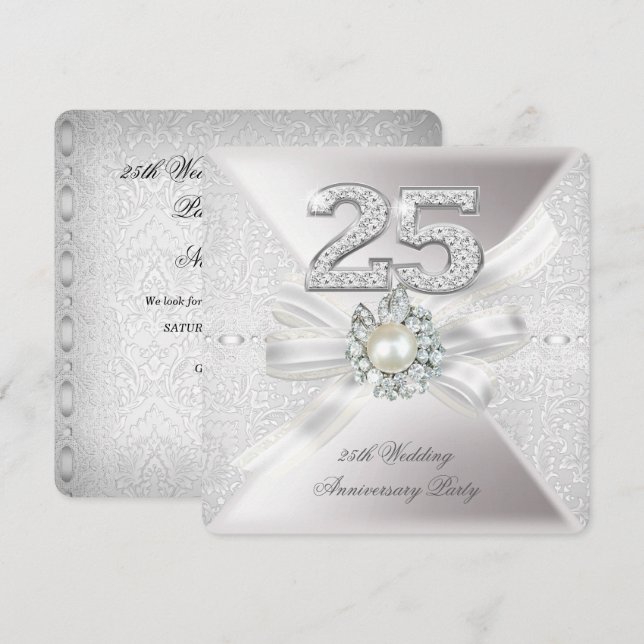 Invitation Fête du 25e Anniversaire de Mariage Perle Argent (Devant / Derrière)