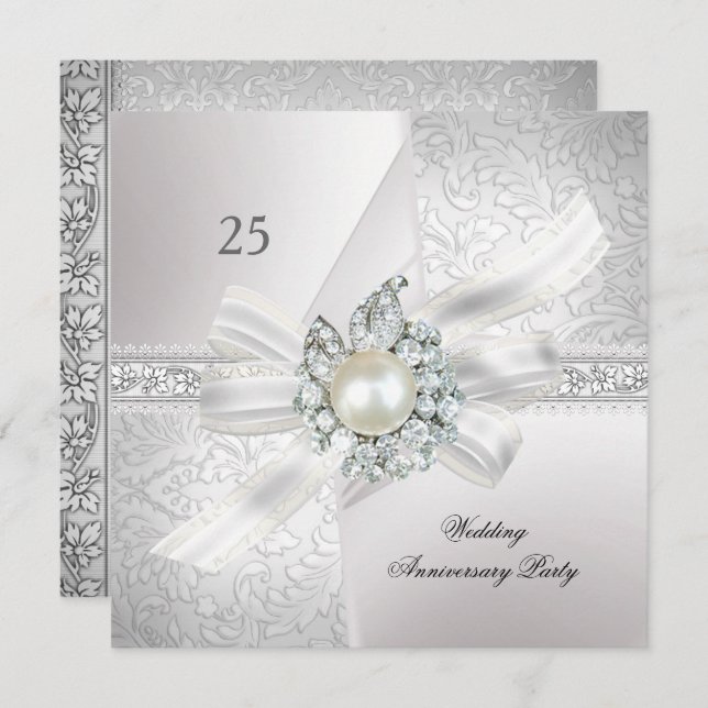 Invitation Fête du 25e Anniversaire de Mariage Perle Blanc Ar (Devant / Derrière)