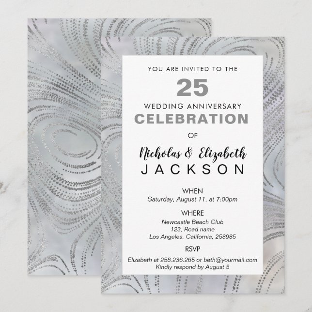 Invitation Fête du 25e Anniversaire Luxe Argent sur Perle (Devant / Derrière)