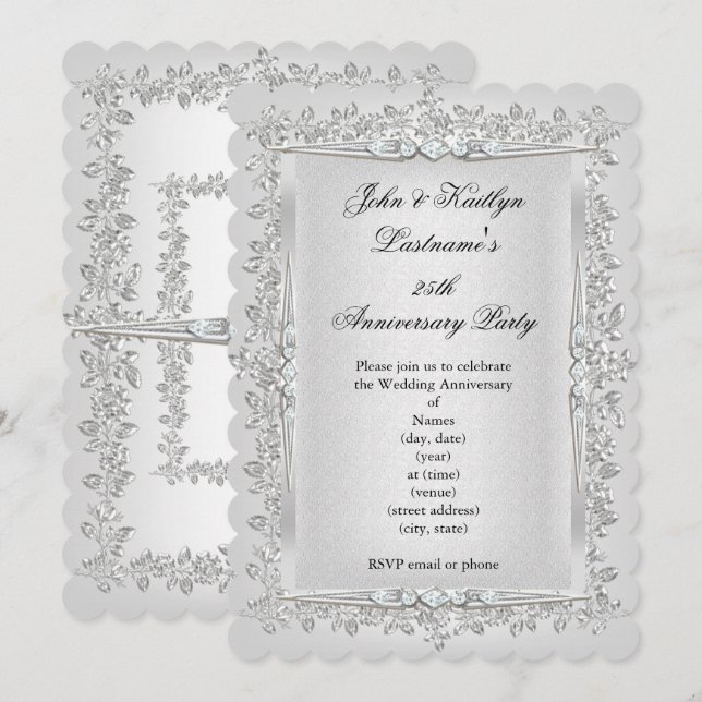 Invitation Fête du 25e Anniversaire Rose Damask Silver White  (Devant / Derrière)