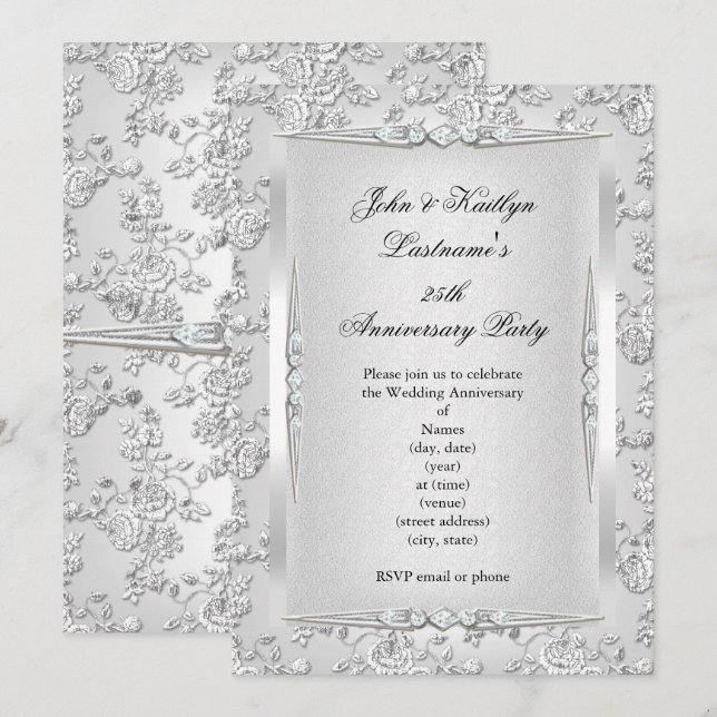 Invitation Fête du 25e Anniversaire Rose Damassée Argent Blan (Devant / Derrière)