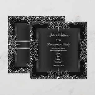 Invitation Fête du 25e Anniversaire Tableau Noir Fleurs Argen