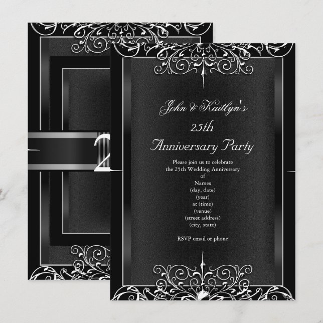 Invitation Fête du 25e Anniversaire Tableau Noir Fleurs Argen (Devant / Derrière)