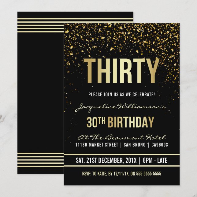 Invitation Fête du 30e anniversaire | Confetti en or chatoyan (Devant / Derrière)