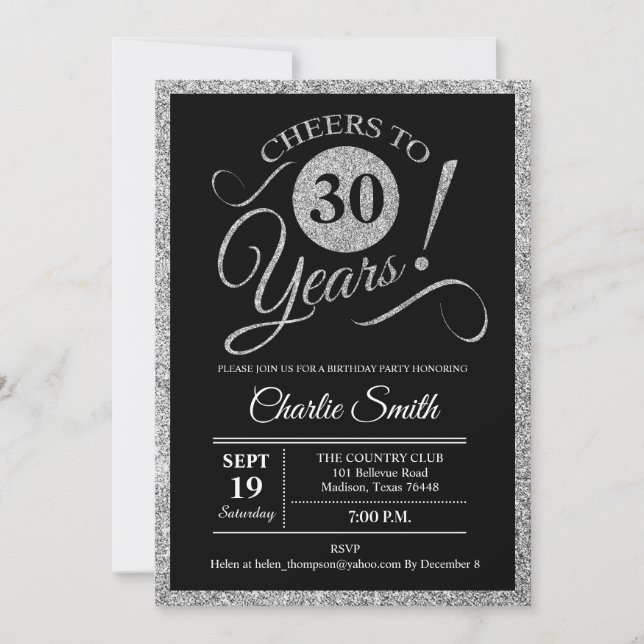 Invitation Fête du 30e anniversaire - Silver Black ANY AGE (Devant)