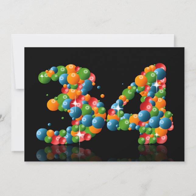 Invitation Fête du 34e anniversaire, avec bulles et balles (Devant)