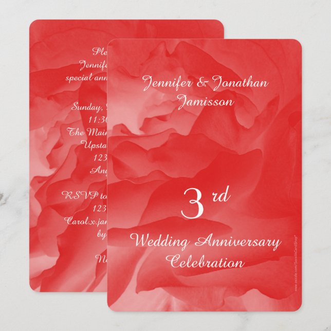 Invitation Fête du 3ème anniversaire de mariage, Pétales de r (Devant / Derrière)