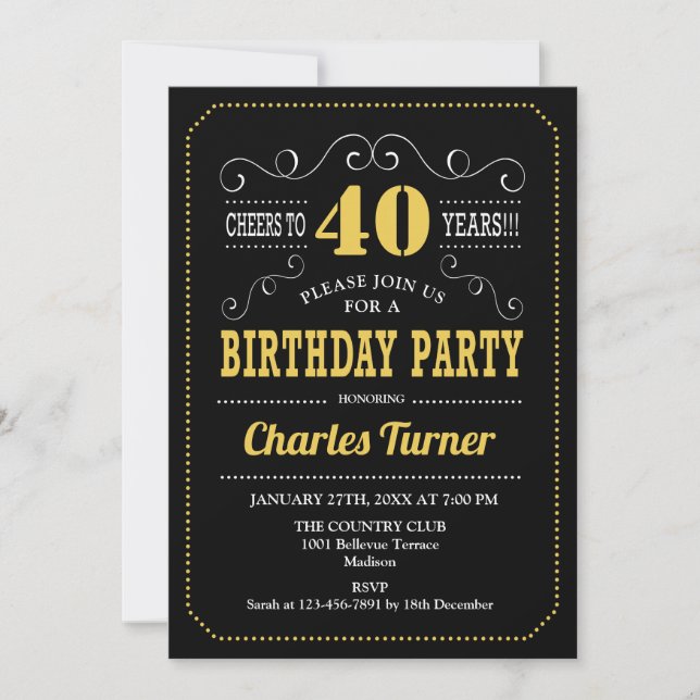 Invitation Fête du 40e anniversaire - Black Gold White (Devant)