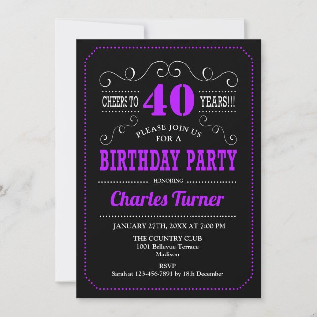 Invitation Fête du 40e anniversaire - Black Purple (Devant)