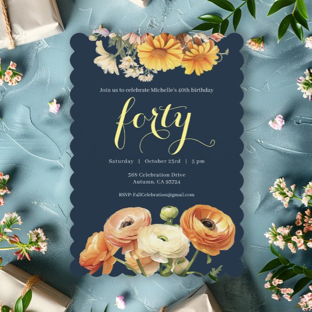 Invitation Fête du 40e anniversaire Fleurs botaniques orange (Créateur téléchargé)