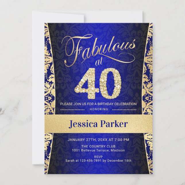 Invitation Fête du 40e anniversaire - Gold Royal Blue (Devant)