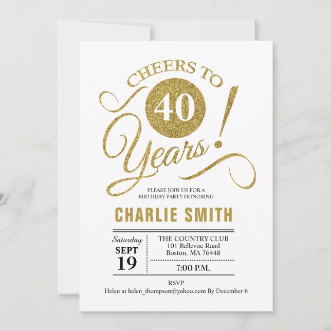 Invitation Fête du 40e anniversaire - Gold White (Devant)