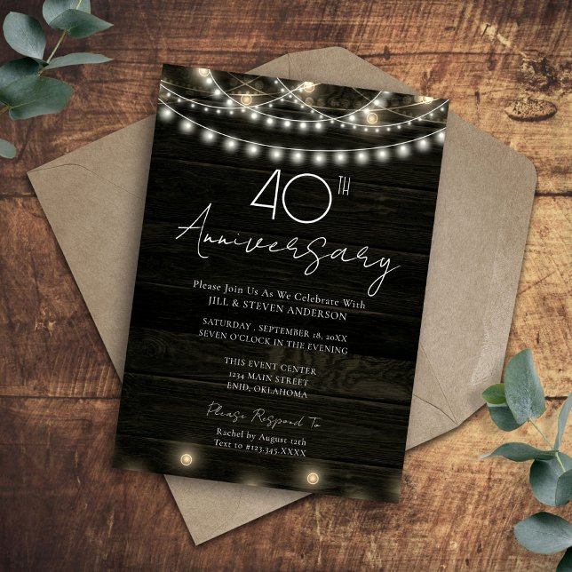 Invitation Fête du 40e anniversaire Lumières en bois rustique (Créateur téléchargé)