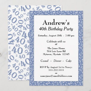 Invitation Fête du 40e anniversaire - Motif de numéro bleu/bl