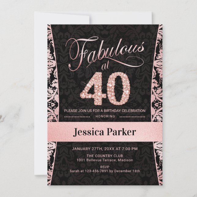 Invitation Fête du 40e anniversaire - Rose Gold Black (Devant)