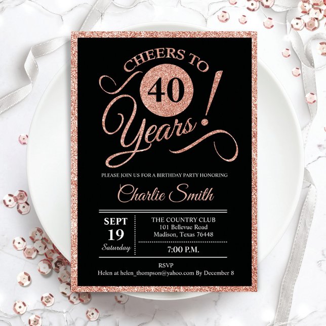 Invitation Fête du 40e anniversaire - Rose Gold Black ANY AGE (Créateur téléchargé)