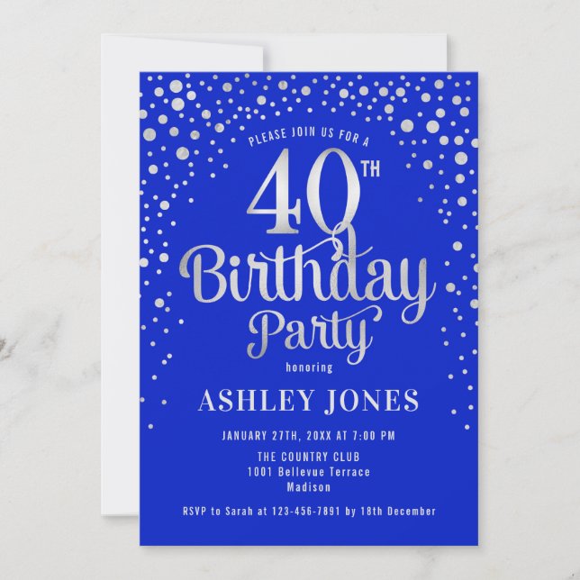 Invitation Fête du 40e anniversaire - Royal Blue & Silver (Devant)