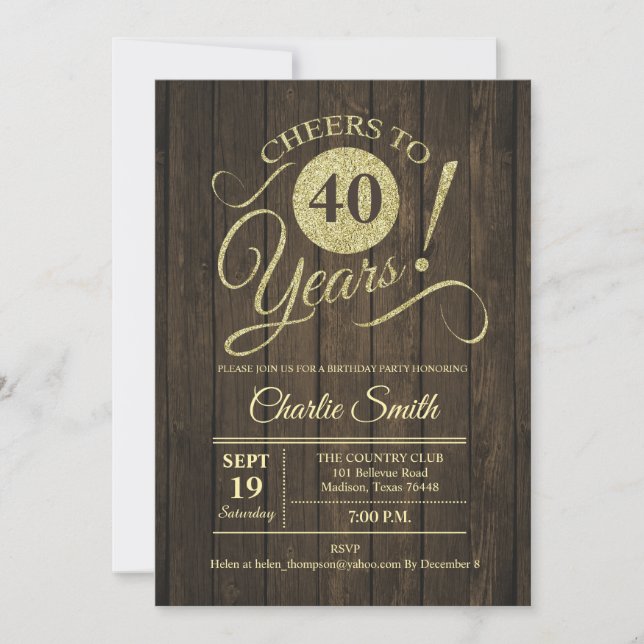 Invitation Fête du 40e anniversaire - Rustic Brown Wood Gold (Devant)