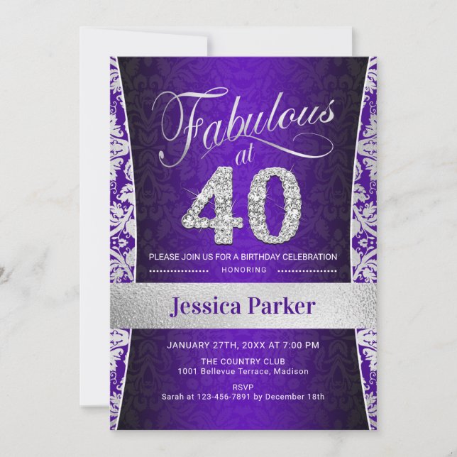 Invitation Fête du 40e anniversaire - Silver Purple (Devant)