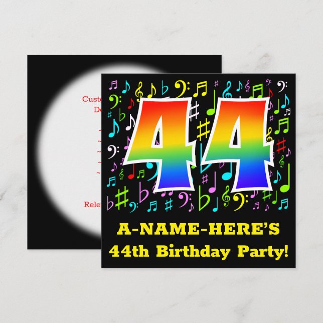 Invitation Fête du 44e anniversaire : Symboles de musique amu (Devant / Derrière)