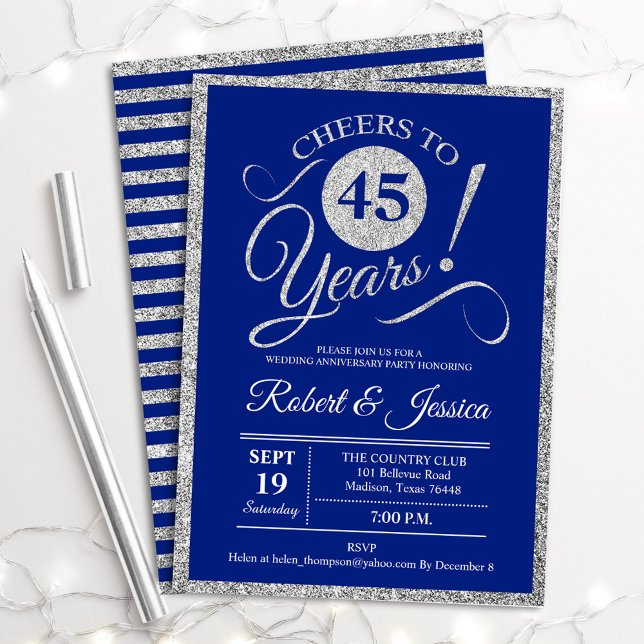 Invitation Fête du 45e anniversaire - Sapphire Blue Silver (Créateur téléchargé)