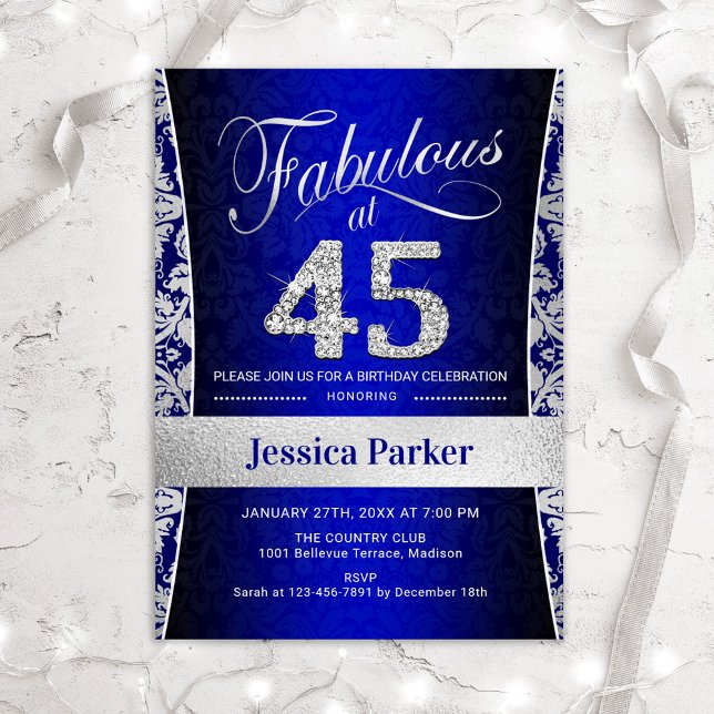 Invitation Fête du 45e anniversaire - Silver Royal Blue (Créateur téléchargé)