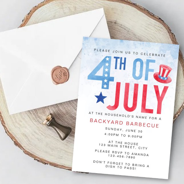 Invitation Fête du 4 juillet aux couleurs aquarelles bleues e (Créateur téléchargé)