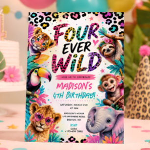 Invitation Fête du 4ème anniversaire : Animaux Sauvages Pour 
