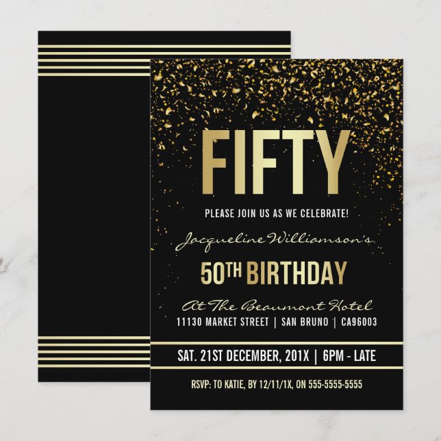 Invitation Fête du 50e anniversaire | Confetti en or chatoyan (Devant / Derrière)