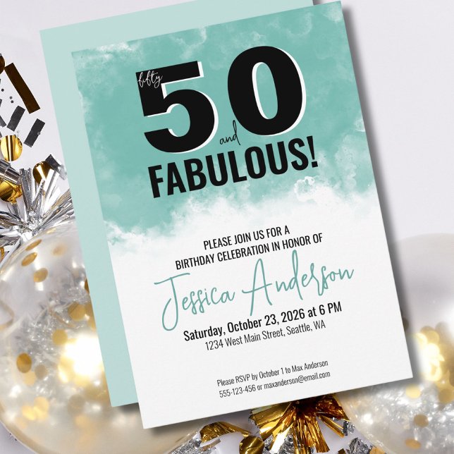 Invitation Fête du 50e anniversaire de l'aquarelle moderne (Modern Watercolor Fifty Fabulous 50th Birthday Invitation )