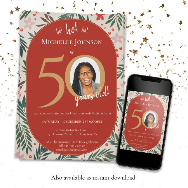 Invitation Fête du 50e anniversaire de Noël (50th Christmas Birthday Red Gold Fun Custom Photo Invitation)