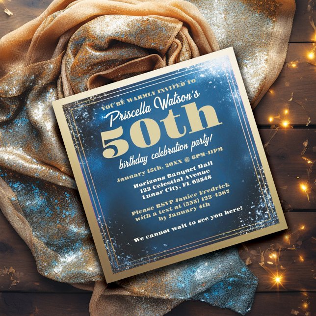 Invitation Fête du 50e anniversaire de Sparkling Blue and Gol (BLUE and GOLD GLAMOR GLITTER BIRTHDAY PARTY INVITATION)