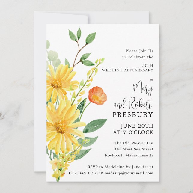Invitation Fête du 50e anniversaire Floral jaune (Devant)
