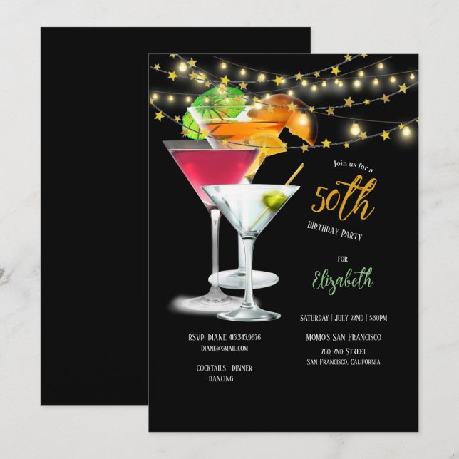 Invitation Fête du 50e anniversaire, Lunettes de cocktail & G (Devant / Derrière)